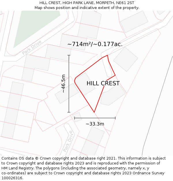 HILL CREST, HIGH PARK LANE, MORPETH, NE61 2ST: Plot and title map