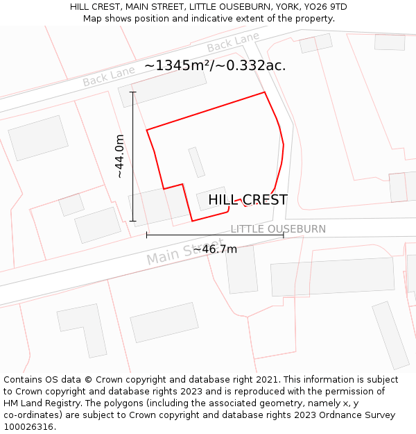 HILL CREST, MAIN STREET, LITTLE OUSEBURN, YORK, YO26 9TD: Plot and title map