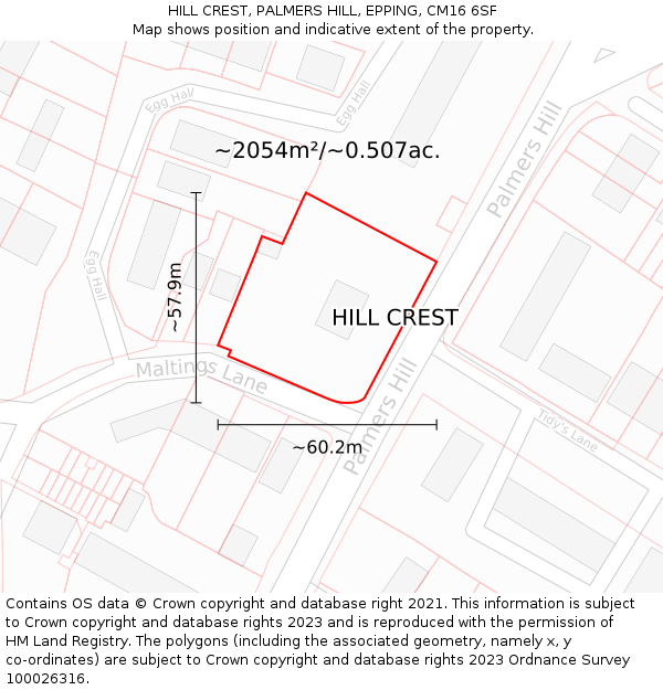 HILL CREST, PALMERS HILL, EPPING, CM16 6SF: Plot and title map