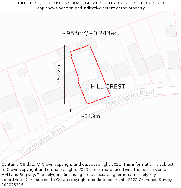 HILL CREST, THORRINGTON ROAD, GREAT BENTLEY, COLCHESTER, CO7 8QD: Plot and title map