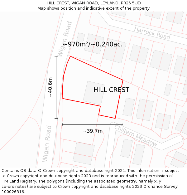 HILL CREST, WIGAN ROAD, LEYLAND, PR25 5UD: Plot and title map