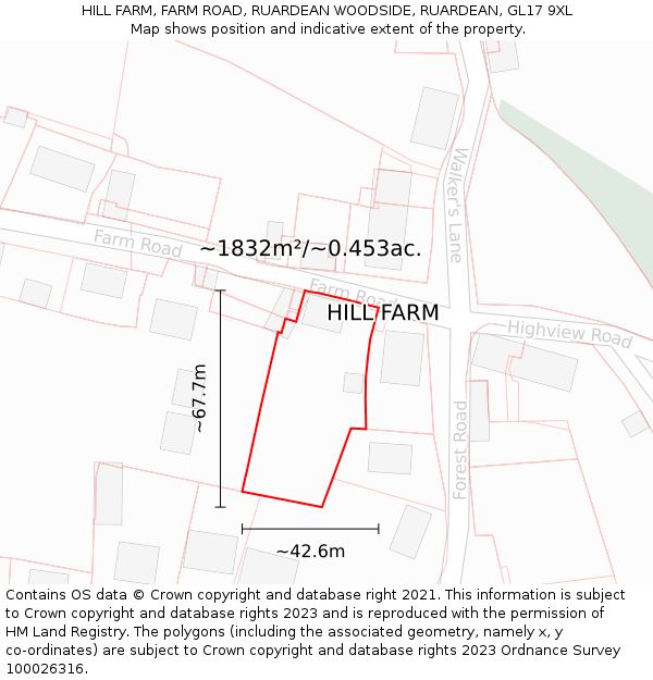 HILL FARM, FARM ROAD, RUARDEAN WOODSIDE, RUARDEAN, GL17 9XL: Plot and title map