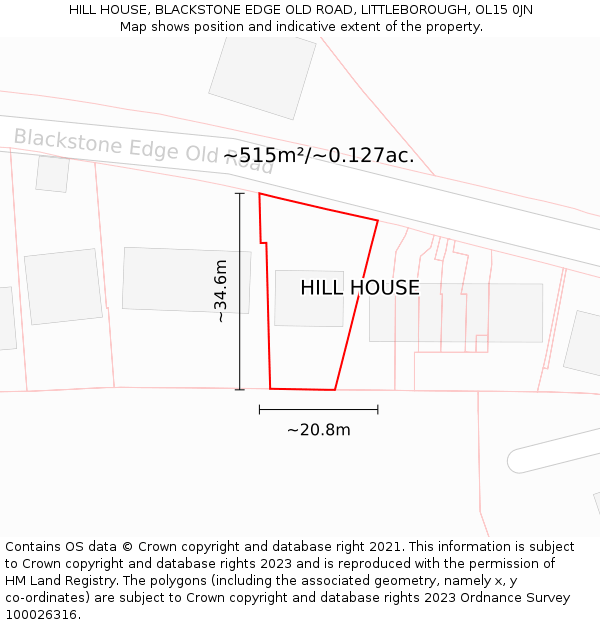 HILL HOUSE, BLACKSTONE EDGE OLD ROAD, LITTLEBOROUGH, OL15 0JN: Plot and title map