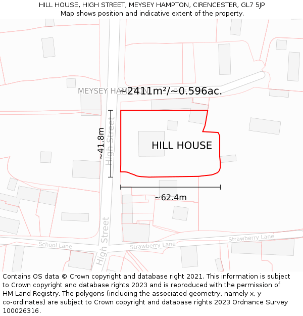 HILL HOUSE, HIGH STREET, MEYSEY HAMPTON, CIRENCESTER, GL7 5JP: Plot and title map