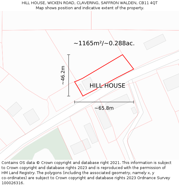 HILL HOUSE, WICKEN ROAD, CLAVERING, SAFFRON WALDEN, CB11 4QT: Plot and title map