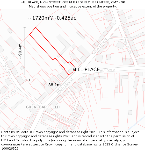 HILL PLACE, HIGH STREET, GREAT BARDFIELD, BRAINTREE, CM7 4SP: Plot and title map