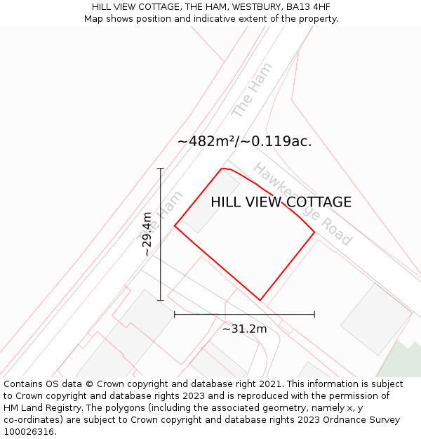 HILL VIEW COTTAGE, THE HAM, WESTBURY, BA13 4HF: Plot and title map