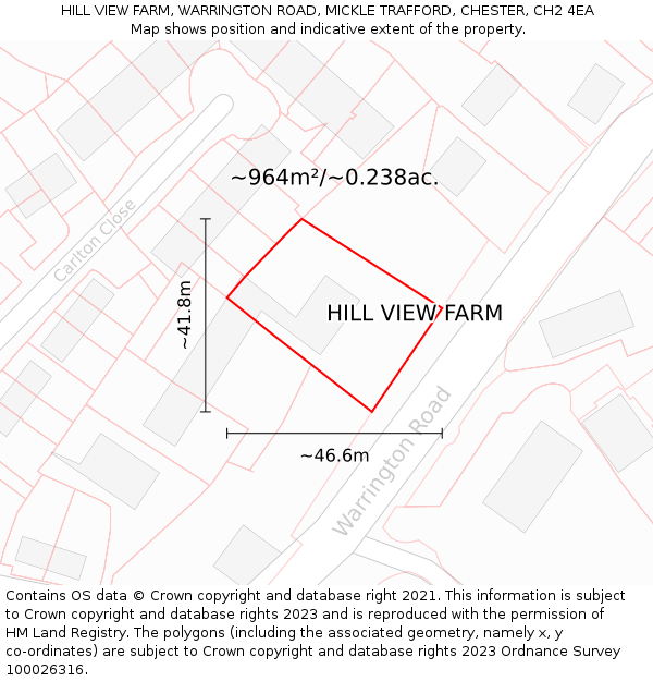 HILL VIEW FARM, WARRINGTON ROAD, MICKLE TRAFFORD, CHESTER, CH2 4EA: Plot and title map