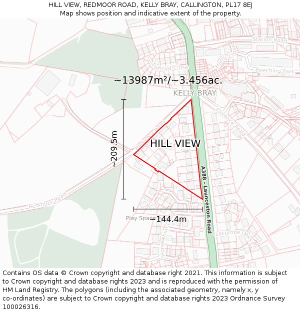 HILL VIEW, REDMOOR ROAD, KELLY BRAY, CALLINGTON, PL17 8EJ: Plot and title map