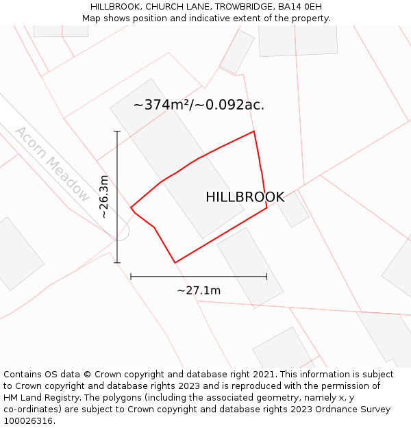 HILLBROOK, CHURCH LANE, TROWBRIDGE, BA14 0EH: Plot and title map