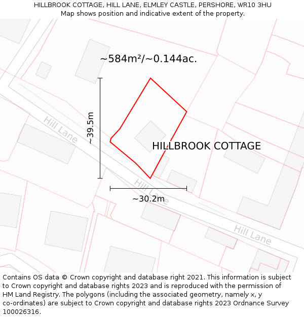 HILLBROOK COTTAGE, HILL LANE, ELMLEY CASTLE, PERSHORE, WR10 3HU: Plot and title map