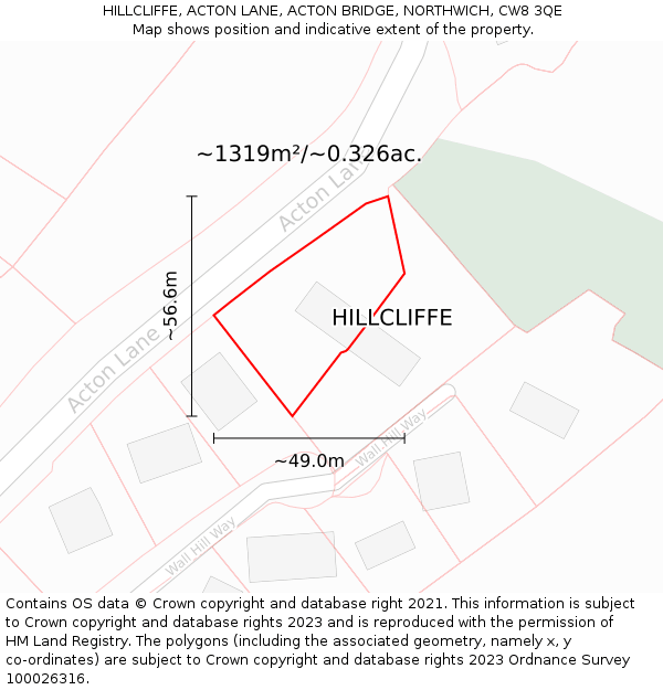 HILLCLIFFE, ACTON LANE, ACTON BRIDGE, NORTHWICH, CW8 3QE: Plot and title map