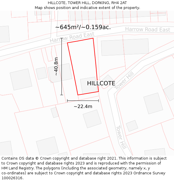 HILLCOTE, TOWER HILL, DORKING, RH4 2AT: Plot and title map