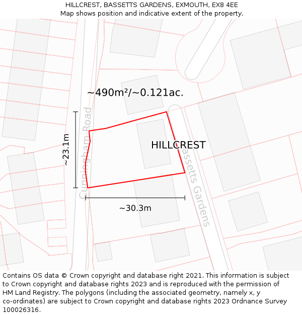 HILLCREST, BASSETTS GARDENS, EXMOUTH, EX8 4EE: Plot and title map