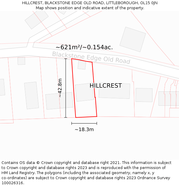HILLCREST, BLACKSTONE EDGE OLD ROAD, LITTLEBOROUGH, OL15 0JN: Plot and title map