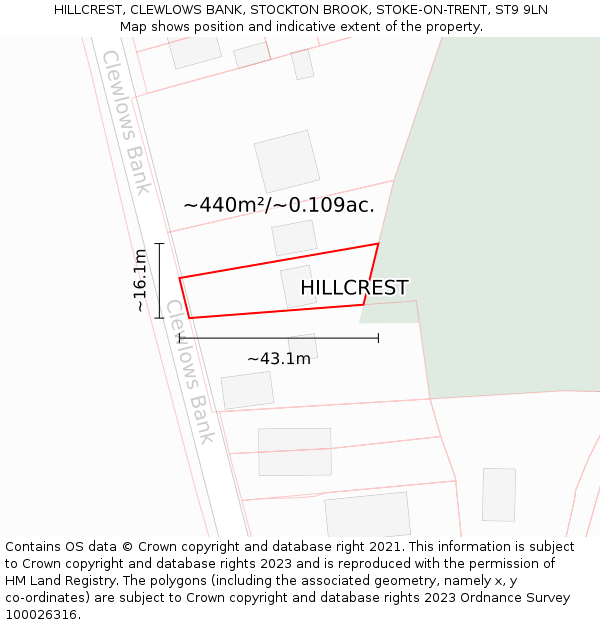 HILLCREST, CLEWLOWS BANK, STOCKTON BROOK, STOKE-ON-TRENT, ST9 9LN: Plot and title map