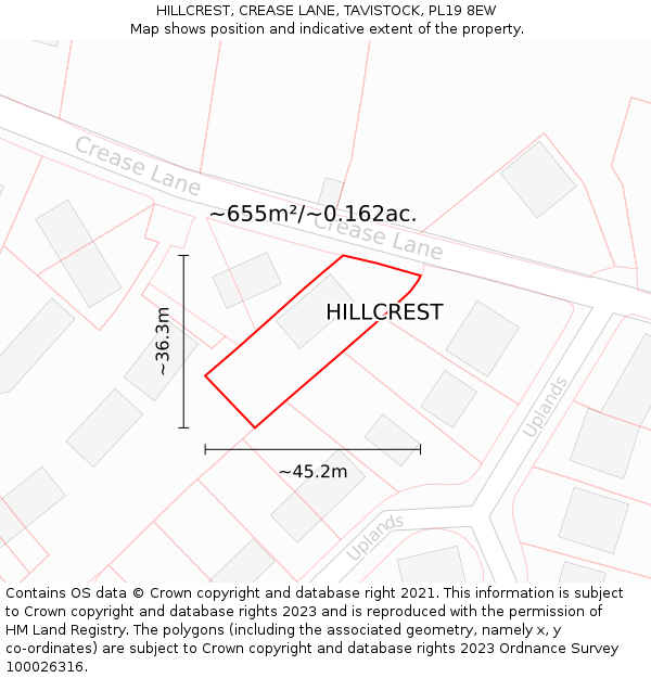 HILLCREST, CREASE LANE, TAVISTOCK, PL19 8EW: Plot and title map