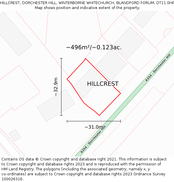 HILLCREST, DORCHESTER HILL, WINTERBORNE WHITECHURCH, BLANDFORD FORUM, DT11 0HP: Plot and title map