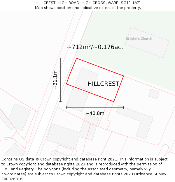 HILLCREST, HIGH ROAD, HIGH CROSS, WARE, SG11 1AZ: Plot and title map