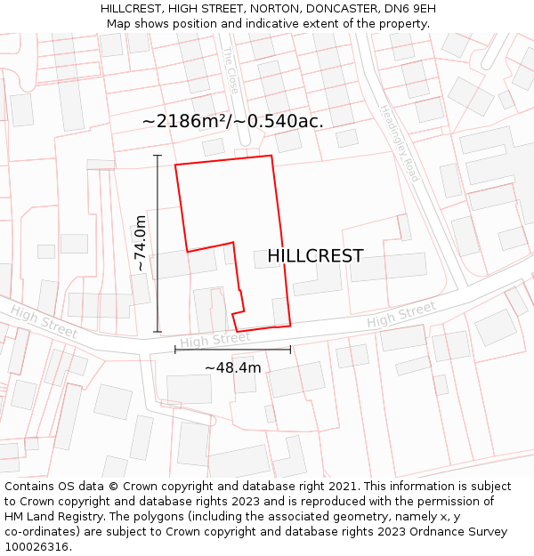 HILLCREST, HIGH STREET, NORTON, DONCASTER, DN6 9EH: Plot and title map