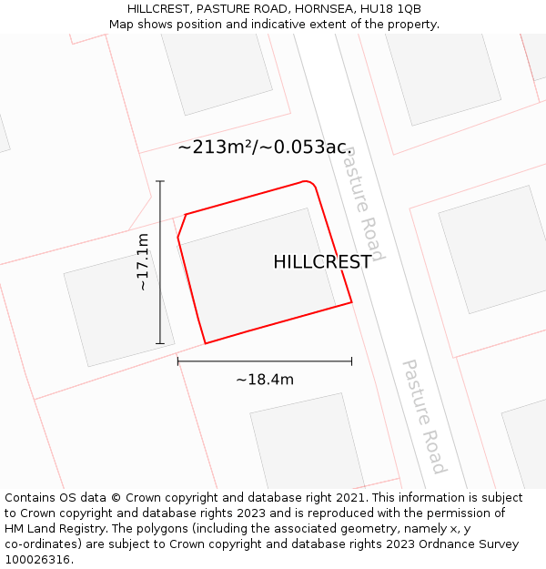 HILLCREST, PASTURE ROAD, HORNSEA, HU18 1QB: Plot and title map