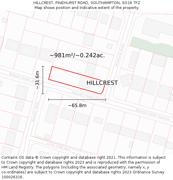 HILLCREST, PINEHURST ROAD, SOUTHAMPTON, SO16 7FZ: Plot and title map