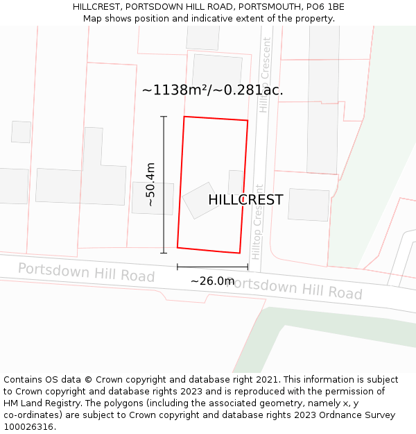 HILLCREST, PORTSDOWN HILL ROAD, PORTSMOUTH, PO6 1BE: Plot and title map