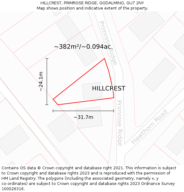 HILLCREST, PRIMROSE RIDGE, GODALMING, GU7 2NY: Plot and title map