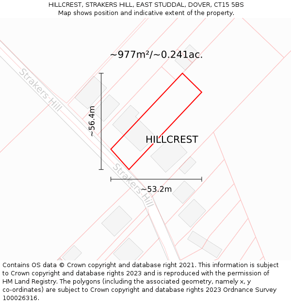 HILLCREST, STRAKERS HILL, EAST STUDDAL, DOVER, CT15 5BS: Plot and title map