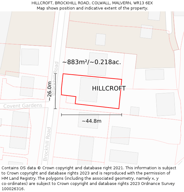 HILLCROFT, BROCKHILL ROAD, COLWALL, MALVERN, WR13 6EX: Plot and title map