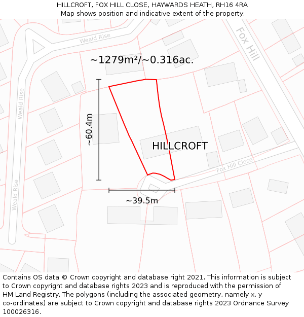 HILLCROFT, FOX HILL CLOSE, HAYWARDS HEATH, RH16 4RA: Plot and title map