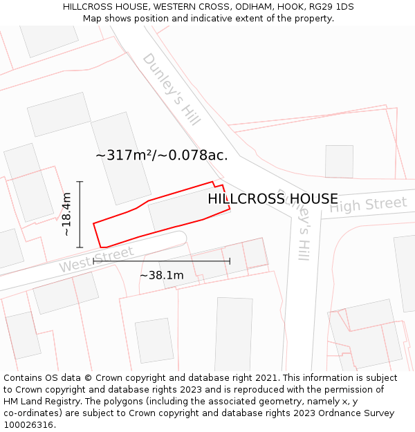 HILLCROSS HOUSE, WESTERN CROSS, ODIHAM, HOOK, RG29 1DS: Plot and title map
