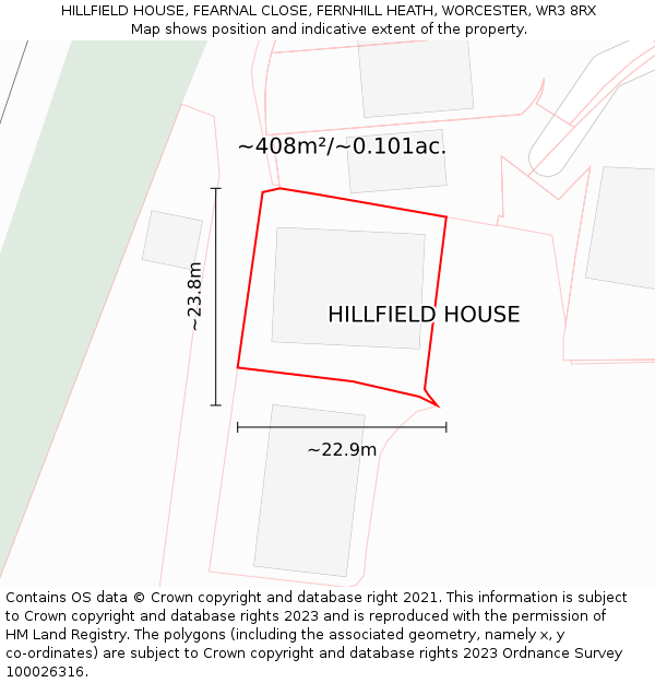 HILLFIELD HOUSE, FEARNAL CLOSE, FERNHILL HEATH, WORCESTER, WR3 8RX: Plot and title map