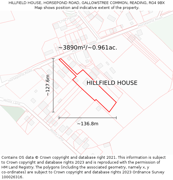 HILLFIELD HOUSE, HORSEPOND ROAD, GALLOWSTREE COMMON, READING, RG4 9BX: Plot and title map