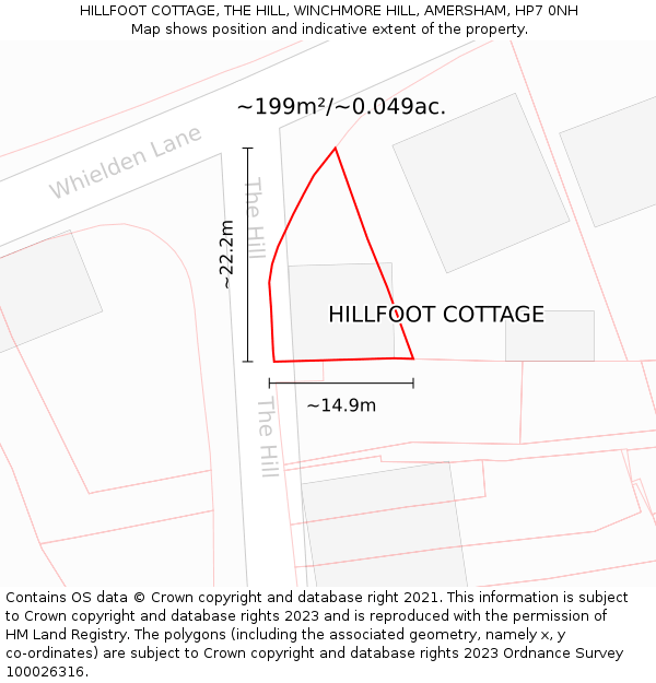 HILLFOOT COTTAGE, THE HILL, WINCHMORE HILL, AMERSHAM, HP7 0NH: Plot and title map