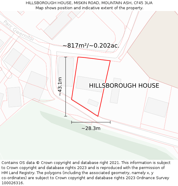 HILLSBOROUGH HOUSE, MISKIN ROAD, MOUNTAIN ASH, CF45 3UA: Plot and title map