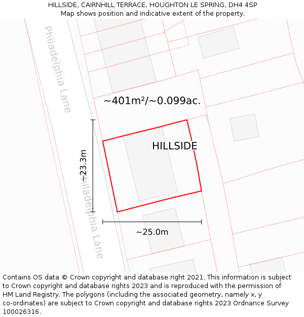 HILLSIDE, CAIRNHILL TERRACE, HOUGHTON LE SPRING, DH4 4SP: Plot and title map