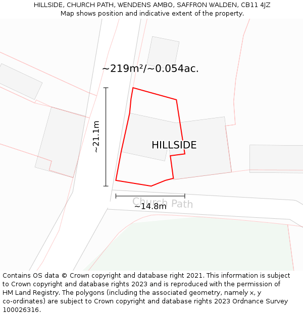 HILLSIDE, CHURCH PATH, WENDENS AMBO, SAFFRON WALDEN, CB11 4JZ: Plot and title map