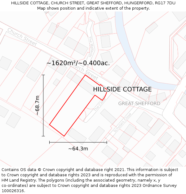 HILLSIDE COTTAGE, CHURCH STREET, GREAT SHEFFORD, HUNGERFORD, RG17 7DU: Plot and title map