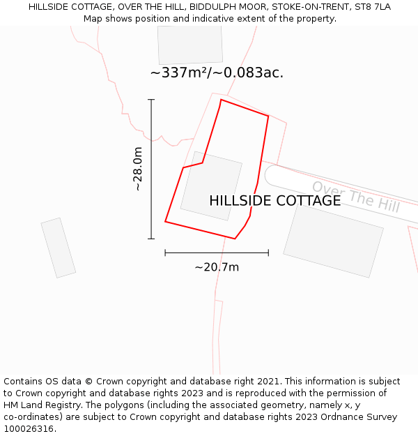 HILLSIDE COTTAGE, OVER THE HILL, BIDDULPH MOOR, STOKE-ON-TRENT, ST8 7LA: Plot and title map