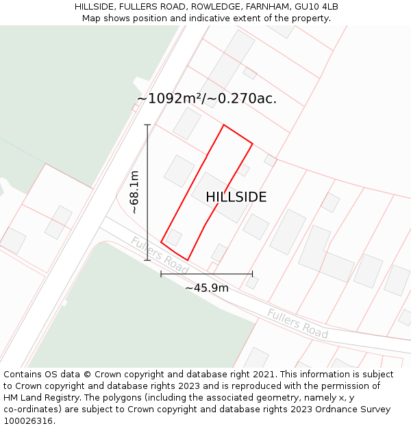 HILLSIDE, FULLERS ROAD, ROWLEDGE, FARNHAM, GU10 4LB: Plot and title map