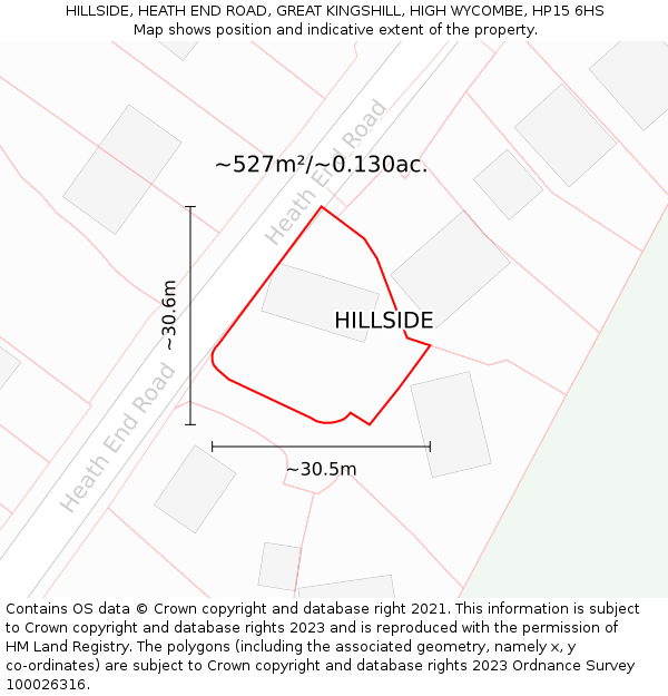 HILLSIDE, HEATH END ROAD, GREAT KINGSHILL, HIGH WYCOMBE, HP15 6HS: Plot and title map