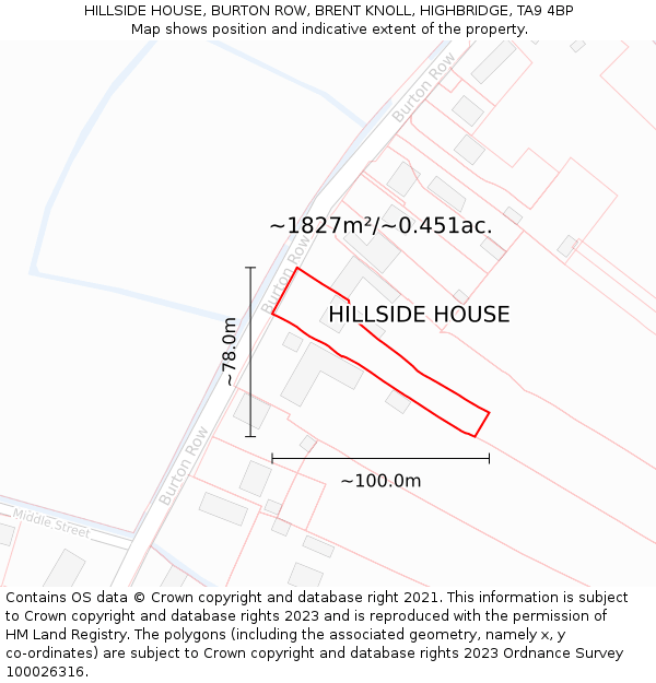 HILLSIDE HOUSE, BURTON ROW, BRENT KNOLL, HIGHBRIDGE, TA9 4BP: Plot and title map