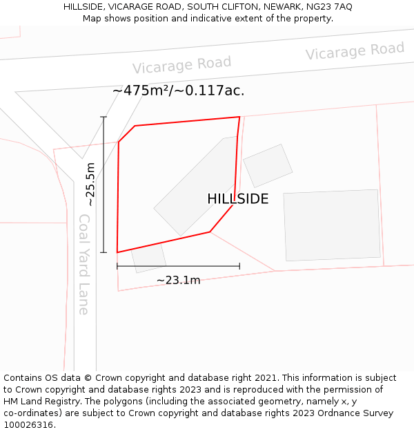 HILLSIDE, VICARAGE ROAD, SOUTH CLIFTON, NEWARK, NG23 7AQ: Plot and title map