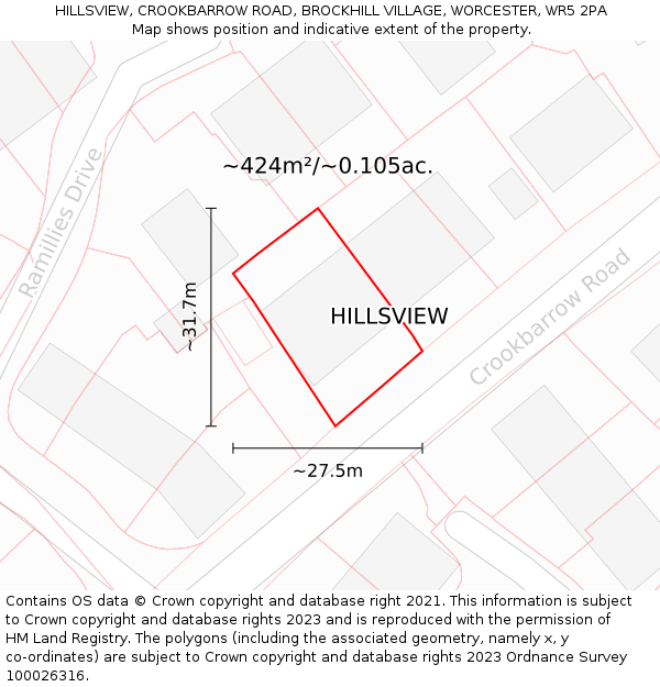 HILLSVIEW, CROOKBARROW ROAD, BROCKHILL VILLAGE, WORCESTER, WR5 2PA: Plot and title map