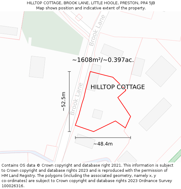 HILLTOP COTTAGE, BROOK LANE, LITTLE HOOLE, PRESTON, PR4 5JB: Plot and title map