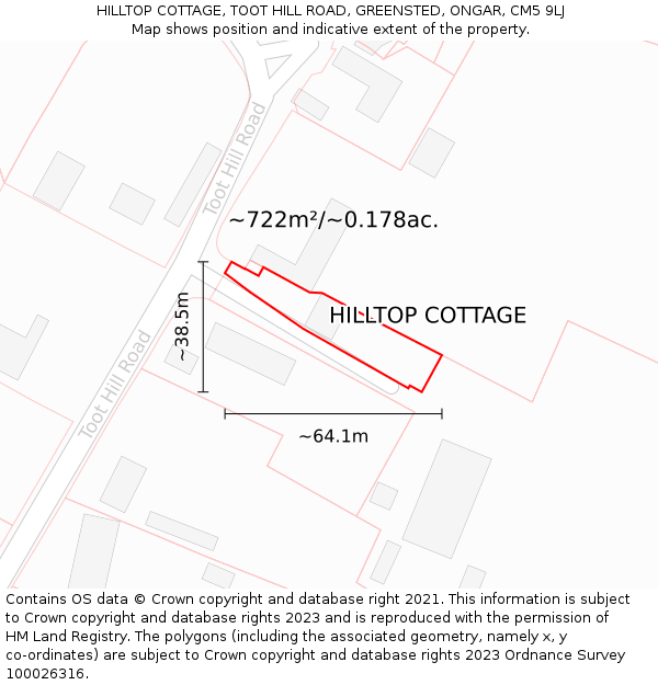 HILLTOP COTTAGE, TOOT HILL ROAD, GREENSTED, ONGAR, CM5 9LJ: Plot and title map