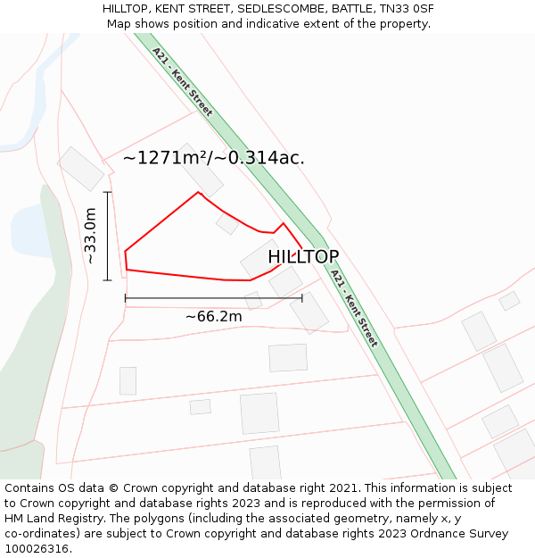 HILLTOP, KENT STREET, SEDLESCOMBE, BATTLE, TN33 0SF: Plot and title map