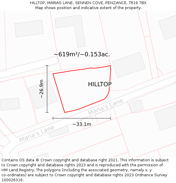 HILLTOP, MARIAS LANE, SENNEN COVE, PENZANCE, TR19 7BX: Plot and title map