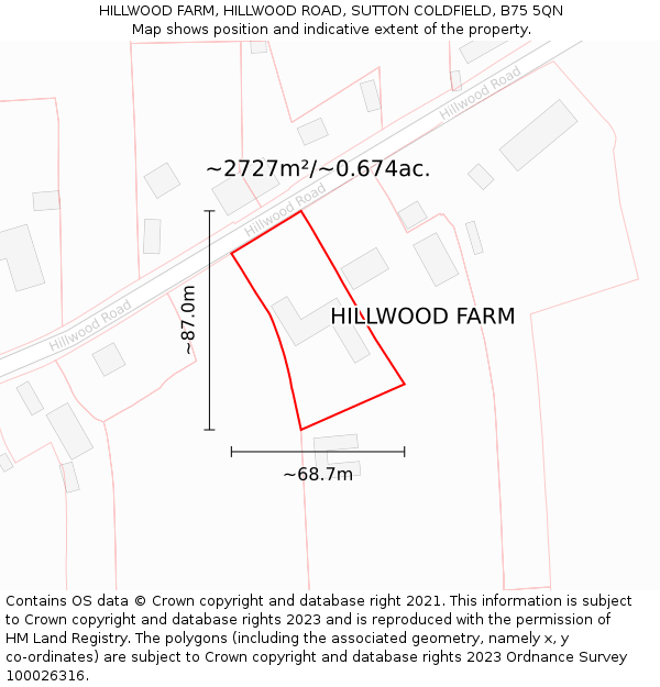 HILLWOOD FARM, HILLWOOD ROAD, SUTTON COLDFIELD, B75 5QN: Plot and title map
